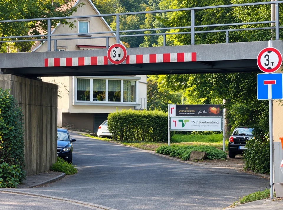 Zeichnung der Bahnunterführung am Effertsufer in Siegen: Die Einfahrt führt unter der Brücke hindurch, dahinter steht das Schild der TS Steuerberatung GmbH. Die Durchfahrtshöhe beträgt 3 Meter.